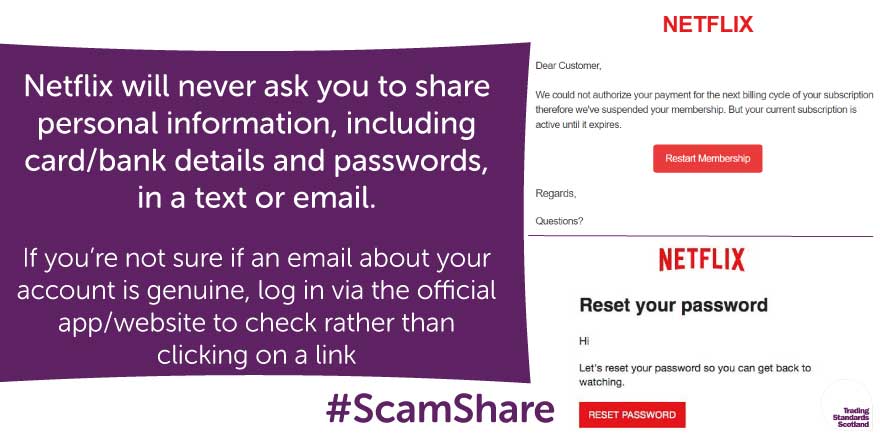 TSScot's tweet image. Be #ScamAware of emails impersonating streaming services that say that a recent payment has failed and ask you to click to restart your membership, or that your subscription has been automatically renewed
Don't click links in unexpected messages
More➡️mailchi.mp/f29d736314b7/t…