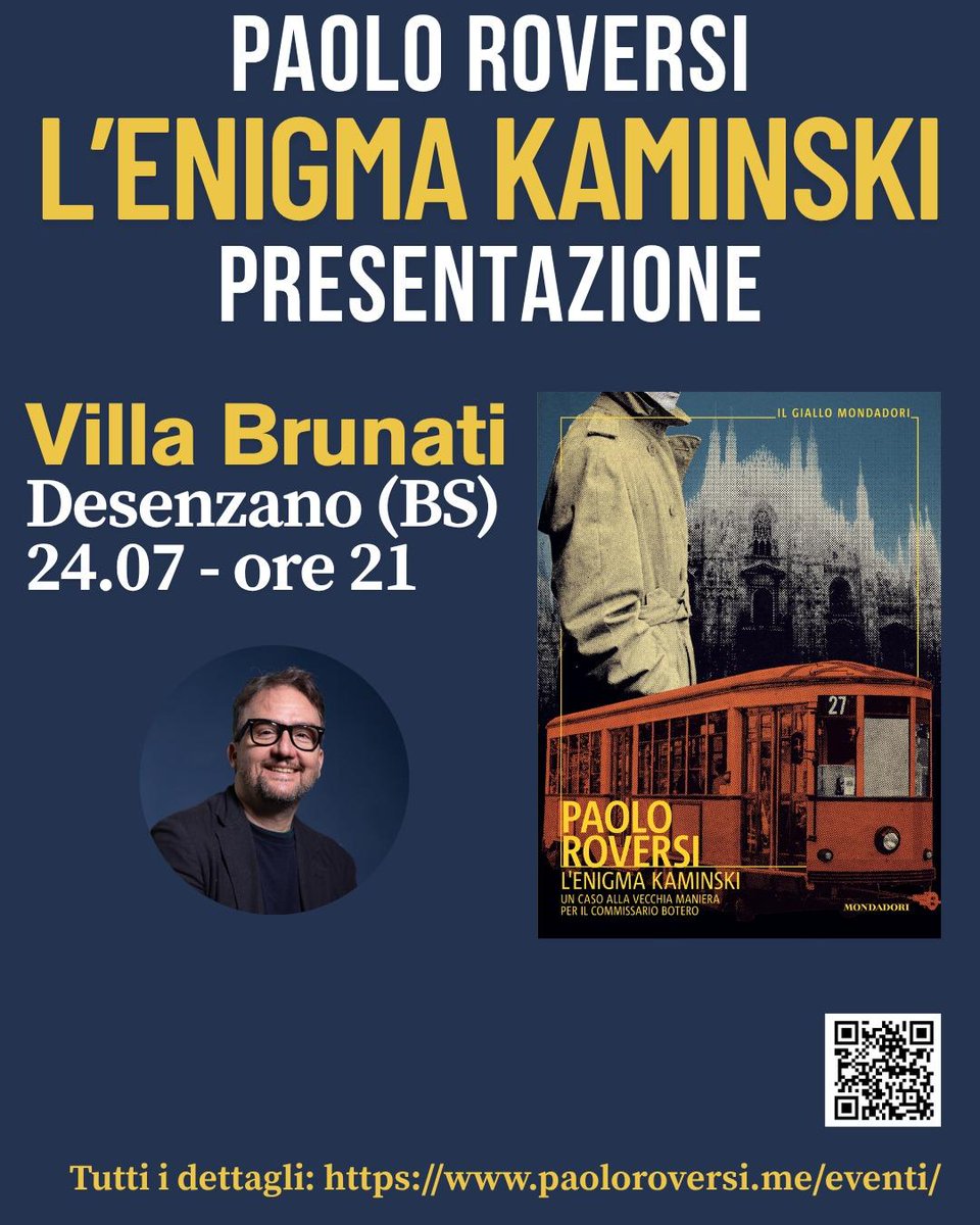 Giovedì 24 luglio alle ore 21 presenterò a Desenzano (BS) il mio romanzo “L’enigma Kaminski” (Mondadori). Appuntamento in biblioteca. paoloroversi.me/evento/paolo-r…