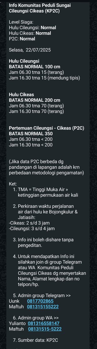 KP2C (@kp2c_info) on Twitter photo InfoKP2C #TMA #Selasa22Juli2025 hulu Cileungsi, Cikeas & P2C Normal. Cileungsi mendung tipis dan Cikeas terang <a href="/infoJATIASIH/">Jatiasih™</a> <a href="/kec_jatiasih/">KECAMATAN JATIASIH | #AyoPakaiMasker</a> <a href="/pemkotbekasi/">Pemerintah Kota Bekasi</a> <a href="/bogorkab/">Pemerintah kabupaten Bogor | #75TahunJabar</a> <a href="/BPBDJabar/">BPBD Provinsi Jawa Barat</a> <a href="/bpbdbogorkab/">bpbdbogorkab</a> <a href="/pastigana/">Pastigana BNPB</a> <a href="/txtdrbekasi/">TxtdariBekasy 🇵🇸</a> #SiapUntukSelamat #BudayaSadarBencana #StaySafe #StayHealthy InfoKP2C #TMA #Selasa22Juli2025 hulu Cileungsi, Cikeas & P2C Normal. Cileungsi mendung tipis dan Cikeas terang <a href="/infoJATIASIH/">Jatiasih™</a> <a href="/kec_jatiasih/">KECAMATAN JATIASIH | #AyoPakaiMasker</a> <a href="/pemkotbekasi/">Pemerintah Kota Bekasi</a> <a href="/bogorkab/">Pemerintah kabupaten Bogor | #75TahunJabar</a> <a href="/BPBDJabar/">BPBD Provinsi Jawa Barat</a> <a href="/bpbdbogorkab/">bpbdbogorkab</a> <a href="/pastigana/">Pastigana BNPB</a> <a href="/txtdrbekasi/">TxtdariBekasy 🇵🇸</a> #SiapUntukSelamat #BudayaSadarBencana #StaySafe #StayHealthy