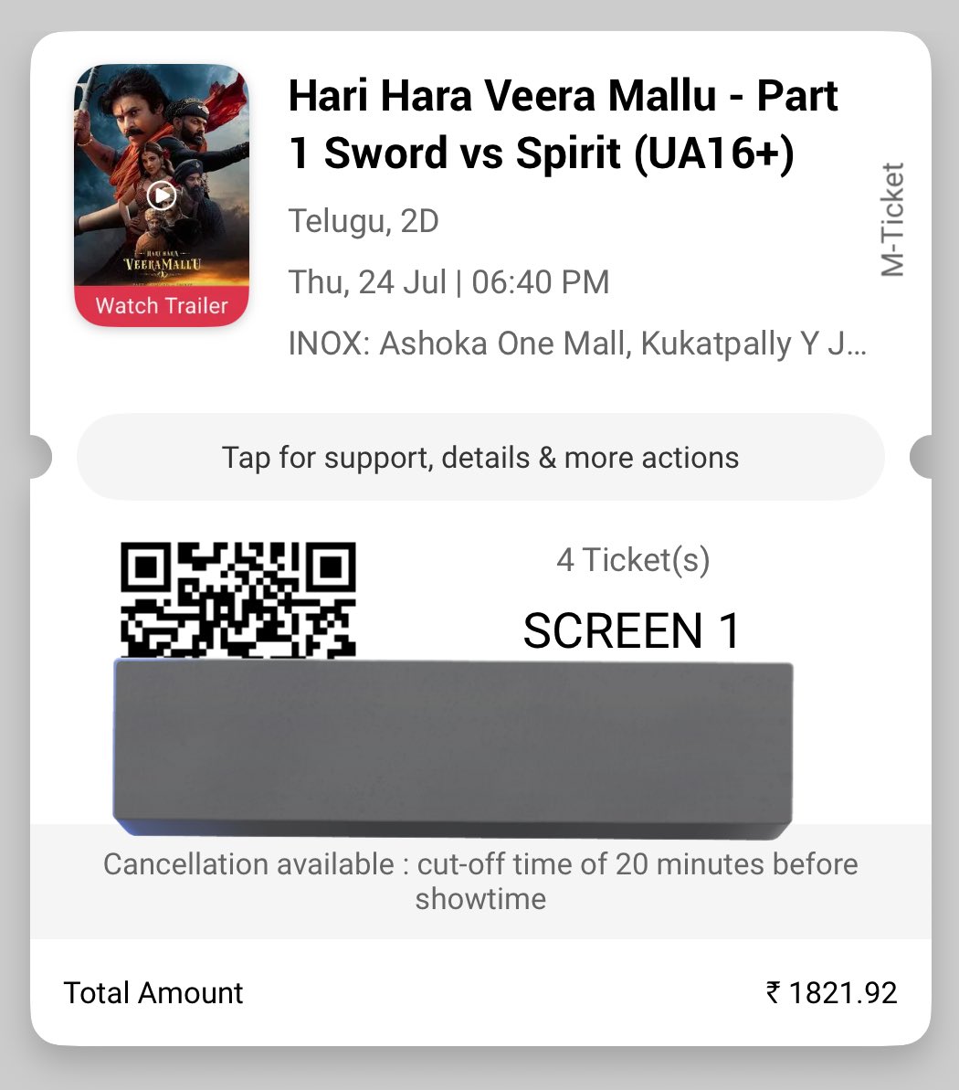 Sriramnaiduuuu's tweet photo. 4 extra tickets available for #HariHaraVerraMallu 
Thu, July 24 | 6:40 PM | INOX Ashoka One Mall, Kukatpally | Screen 1
Telugu | 2D | Total ₹1821.92 

DM if interested. Please retweet. TIA.
#HHVM #HHVMBookings https://t.co/8a8uTzrXvU
