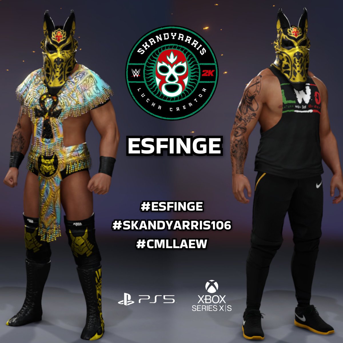 Andyh106Y's tweet image. #ESFINGE 

NOW UPLOADED TO COMMUNITY CREATIONS!!

CURRENT GEN ONLY!

HAD TO COVER THE EYELITS FOR BEST MASK OPTION

INCLUDES A CUSTOM LWO ATTIRE FOR CUTSCENES, FACTIONS OR MYRISE (FANTASY BOOKING)

SEARCH TAG: SKANDYARRIS106

THANKS YOUR CONSTANT SUPPORT!

#WWE2K25 #CMLL #AEW