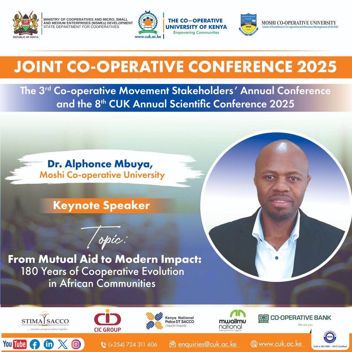 Dr. Alphonce Mbuya from <a href="/MoCU_Official/">mocu_official</a> speaks on the topic of From Mutual Aid to Modern Impact: 180 Years of Cooperative Evolution in African Communities during his keynote address at the Joint Co-operative Conference 2025.
#CooperativesBuildBetter
<a href="/HonJuliusMigos/">Julius Migos Ogamba, EBS</a> I <a href="/benchitunga/">Dr. Benard William Chitunga</a>