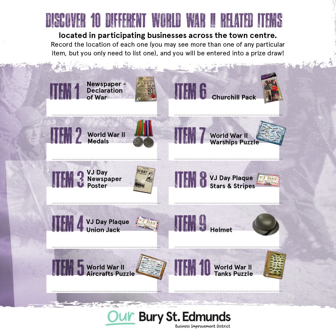 ourburysteds's tweet image. Our Victory Over Japan (VJ) Day Trail is now live! Families and children can enjoy a fun new trail through the town centre of #BuryStEdmunds. With 30 local businesses joining in, it’s a great way to explore the town and have a fun day out with the kids! tinyurl.com/4seryekd