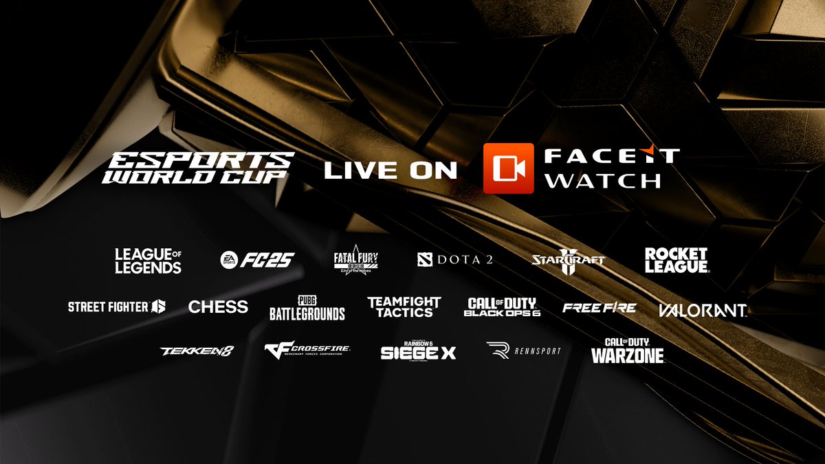 FACEIT's tweet image. 🏆 EWC is now LIVE on FACEIT Watch!
👀 CS is coming soon with Multi-POV. For now, tune in to the other titles, streamed in single-view at faceit.com/watch:
🚗 Rocket League 🪖 COD B6 🪂 COD Warzone ♟️ Chess 💥 Crossfire ⚔️ Dota 2 ⚽ EA FC 5 🥊 Fatal Fury 🔫 PUBG 🛡️ R6 🏎️…