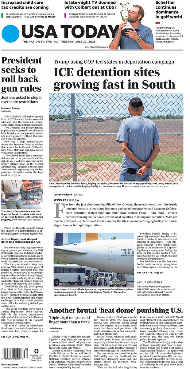 USATODAY's tweet image. In Tuesday’s paper:
ICE detention is growing in the South. This state was the first. bit.ly/4lCIUpt