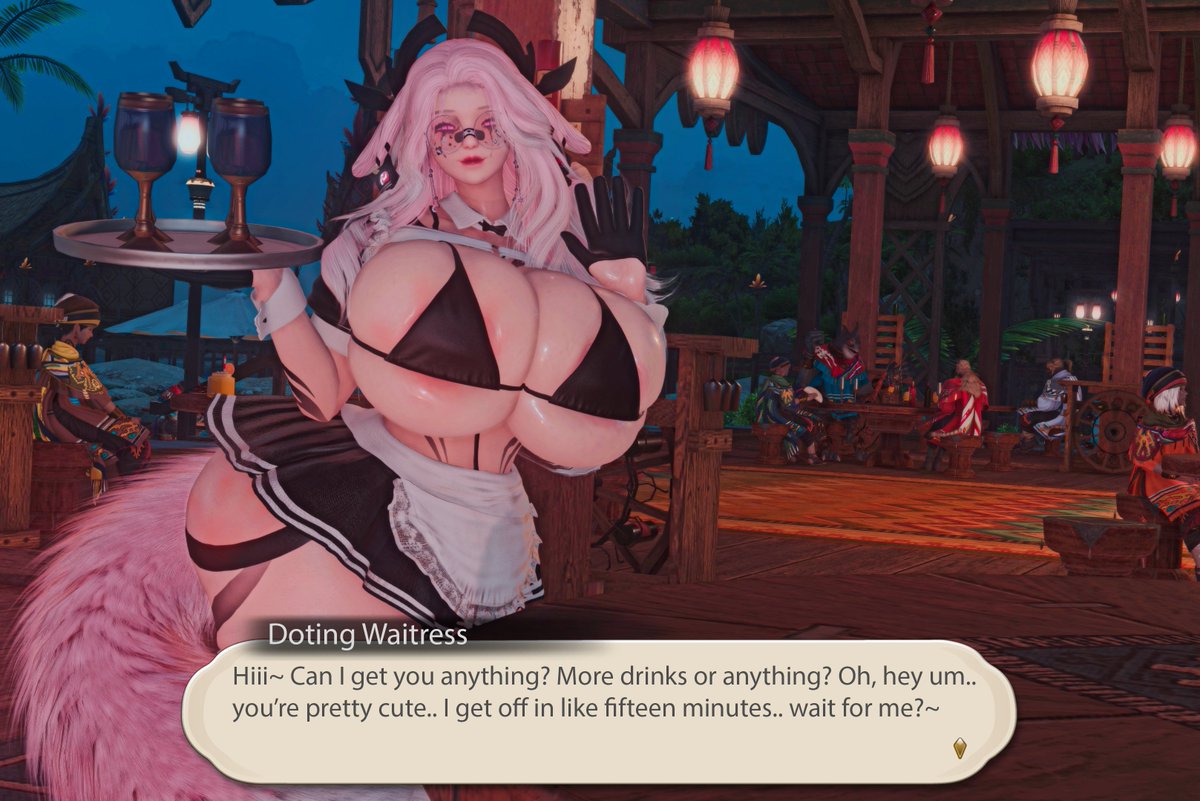You've been eyeing up this waitress for weeks, trying to work up the nerve to ask her on a date. 

Then suddenly she walks up to your table, making those tits of hers you've been fantasizing about each night bounce along with her~