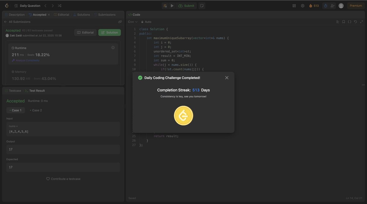 zakizaidi55's tweet image. 513 days of daily coding on @LeetCode! 🔥
It’s not about streaks—it&apos;s about showing up every day and getting a bit better.
#CodingStreak #LeetCode #DailyChallenge #DevLife