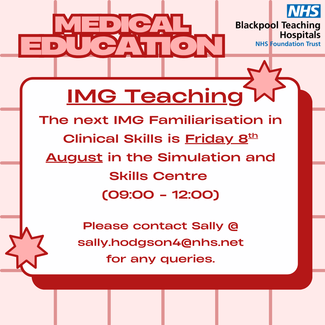 ‼️ IMG Doctors ‼️

Your next Clinical Skills session is Friday 8th August in the Simulation and Skills Centre.

Please note there may be last-minute changes to the room booking. Please refer to our room bookings screen in the Education Centre or via the intranet for updates.