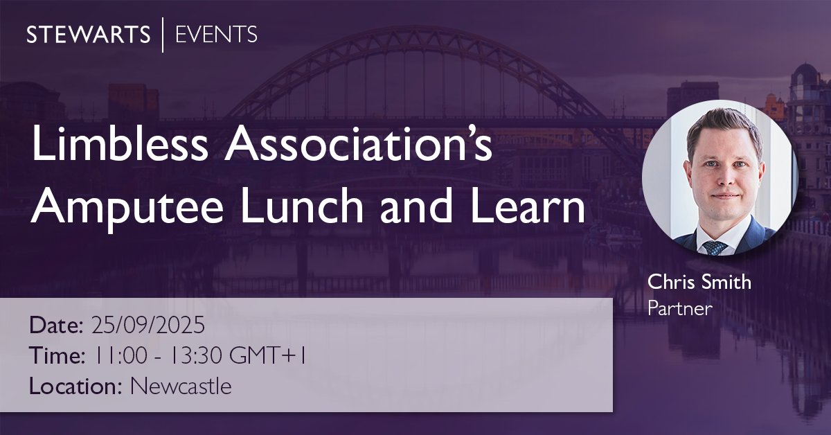 Stewarts (@stewartslawllp) on Twitter photo Partner Chris Smith will speak at the <a href="/limblessassoc/">Limbless Association</a> Amputee Lunch and Learn in Newcastle, taking place on 25 September. It is an opportunity for those who are either new to limb loss or the Limbless Association to get support and hear from sector experts.
eventbrite.co.uk/e/amputee-lunc… Partner Chris Smith will speak at the <a href="/limblessassoc/">Limbless Association</a> Amputee Lunch and Learn in Newcastle, taking place on 25 September. It is an opportunity for those who are either new to limb loss or the Limbless Association to get support and hear from sector experts.
eventbrite.co.uk/e/amputee-lunc…