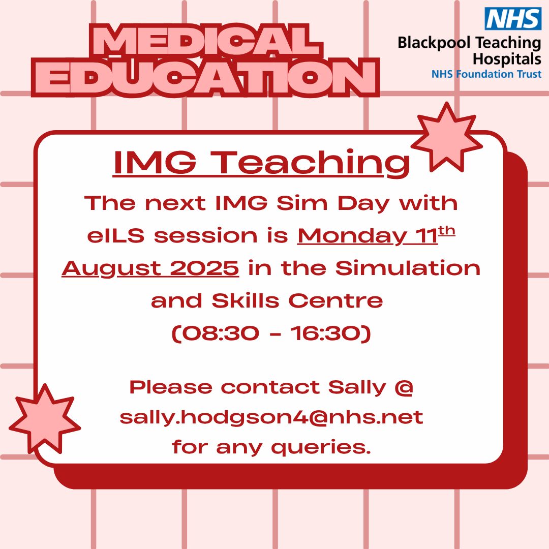 ‼️ IMG Doctors ‼️

Your next Sim Day session is Monday 11th August in the Simulation and Skills Centre.

Please note there may be last-minute changes to the room booking. Please refer to our room bookings screen in the Education Centre or via the intranet for updates.