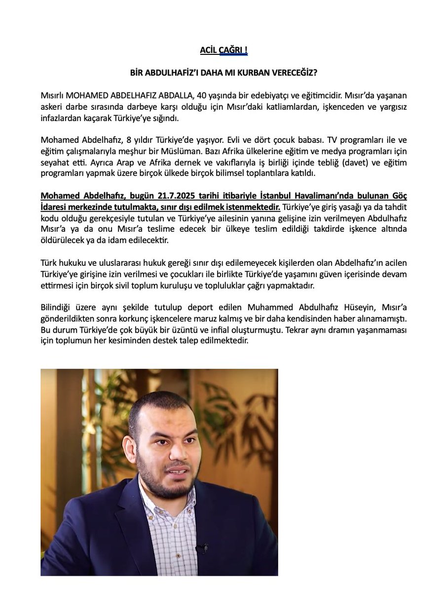 HAYAT MEMAT MESELESİ İÇERİR: 
1. Bu twit zinciri, işkence ve ölüm riskinden Türkiye’ye sığınmış ve çocukları ile birlikte 8 yıldır Türkiye’de yaşayan Mısırlı edebiyatçı ve eğitimci MOHAMED ABDELHAFIZ ABDALLA'nın hayatta kalma mücadelesi ile ilgilidir.