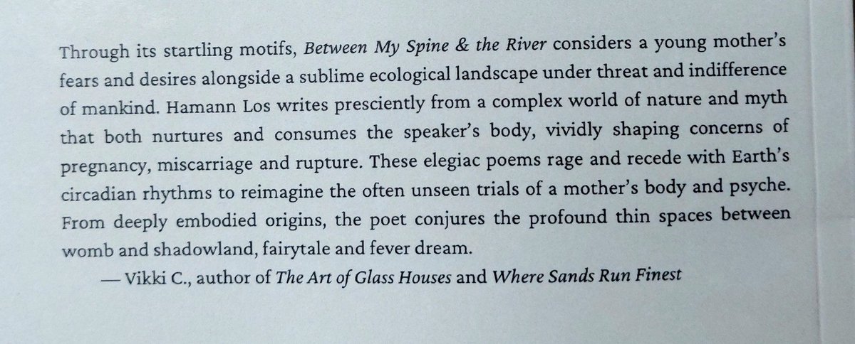 VWC_Writes's tweet image. "From deeply embodied origins, the poet conjures the profound thin spaces between womb and shadowland, fairytale and fever dream."
It was an honour to provide an endorsement for @taylorhamannlos' BETWEEN MY SPINE & THE RIVER (Ridge Books) @eastridgereview.
@TopTweetTuesday