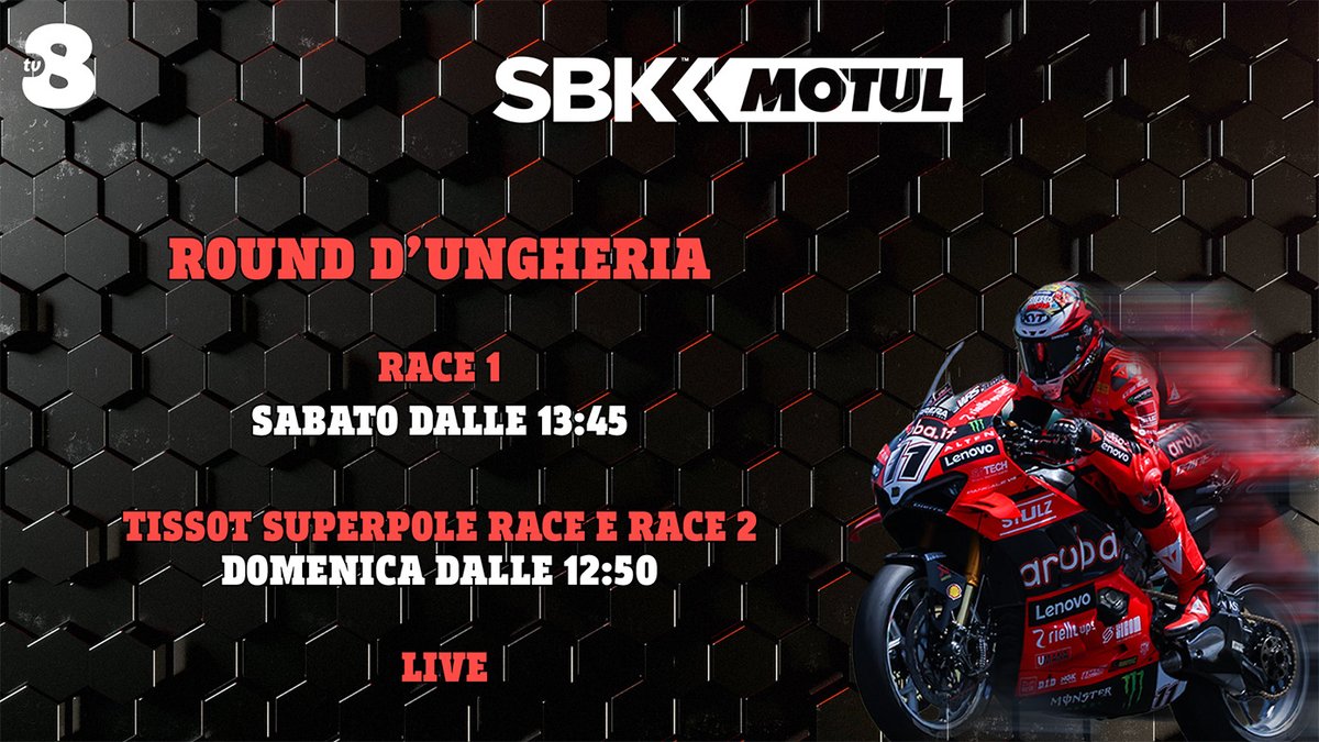TV8it's tweet image. Cinque gare al termine del campionato e soli 4 punti a dividere i primi due in classifica. I presupposti per il Round d’Ungheria di SuperBike promettono spettacolo 🔥
Su Tv8 vi aspettano LIVE le gare della SBK!