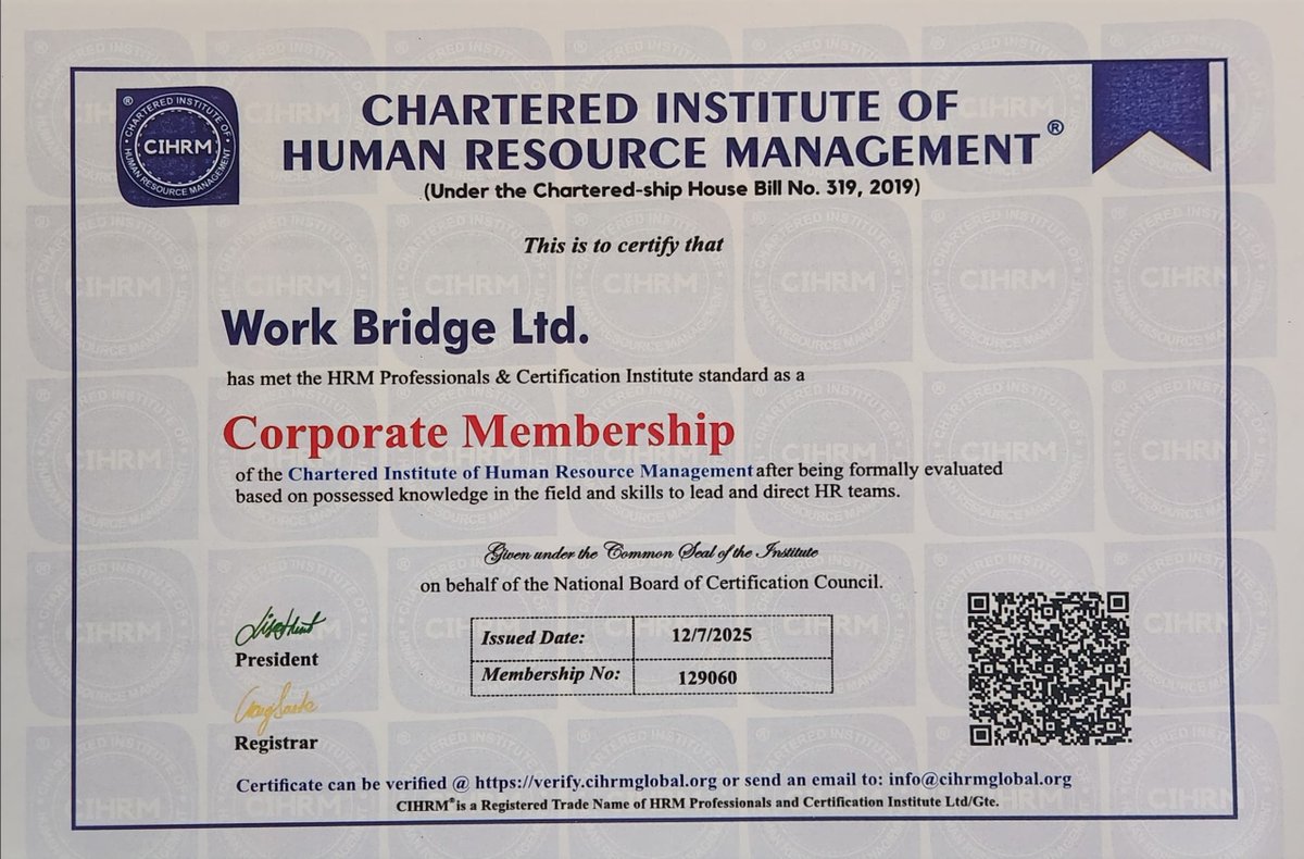 Workbridgehr's tweet image. We&apos;re proud to announce that Work Bridge Ltd. has officially received Corporate Membership with the Chartered Institute of Human Resource Management (CIHRM)! #WorkBridge #HRM #CorporateMembership #CIHRM #HumanResources