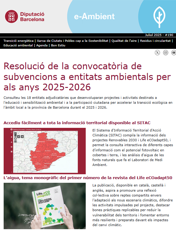 Acció Climàtica de la Diputació de Barcelona (@accioclimadiba) on Twitter photo 📢Darrer número del butlletí #eAmbient de la <a href="/diba/">Diputació de Barcelona</a>!
🌿En portada la resolució de les subvencions per a entitats ambientals 🪙
🗺️Us expliquem com accedir al Sistema d'Informació Territorial d'#AccióClimàtica
💧<a href="/lifeeCOadapt50/">Life eCOadapt50</a> estrena revista amb un especial sobre #aigua❣️ 📢Darrer número del butlletí #eAmbient de la <a href="/diba/">Diputació de Barcelona</a>!
🌿En portada la resolució de les subvencions per a entitats ambientals 🪙
🗺️Us expliquem com accedir al Sistema d'Informació Territorial d'#AccióClimàtica
💧<a href="/lifeeCOadapt50/">Life eCOadapt50</a> estrena revista amb un especial sobre #aigua❣️