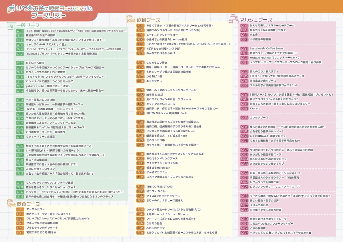 ＼見て・食べて・体験できる／
📣 出店者ブース一覧を公開

リベシティ会員が出店する
個性豊かなブースが大集合😊

✅ お金にまつわる相談・ワークショップ
✅ おいしいフード・ドリンク
✅ ハンドメイド雑貨・展示

ぜひチェックしてみてください✨

#お金の勉強フェス2025

libefes.com/boothgeneral/