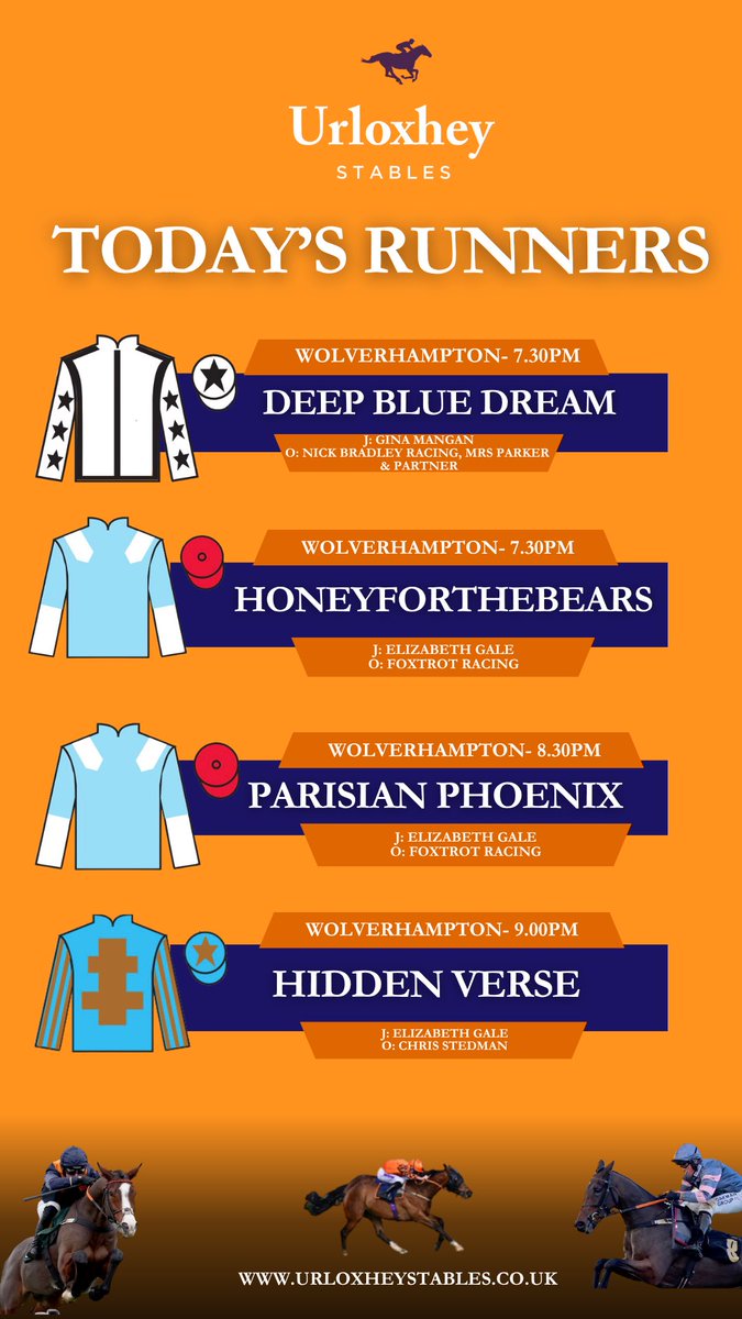 UrloxheyStables's tweet image. π€© Four runners today @WolvesRaces
βοΈ DEEP BLUE DREAM in the 7.30pm
βοΈ HONEYFORTHEBEARS in the 7.30pm
βοΈ PARISIAN PHOENIX in the 8.30pm
βοΈ HIDDEN VERSE in the 9.00pm
π Good luck to all connections