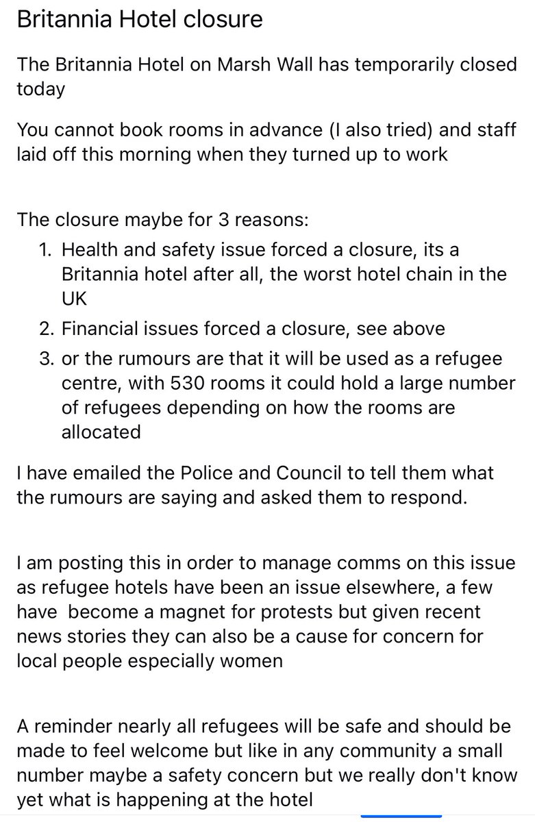 Major concerns circulating in my neighbourhood that a hotel is being earmarked for a migrant hotel. Rumours of a relocation from #Epping. Tensions starting to flare on Isle of Dogs, East Pondon. <a href="/GBNEWS/">GB News</a> <a href="/PatrickChristys/">Patrick Christys</a> <a href="/benleo444/">Ben Leo</a> <a href="/ThatAlexWoman/">Alex Phillips</a> <a href="/TalkTV/">Talk</a> <a href="/beverleyturner/">Bev Turner 🌸</a>