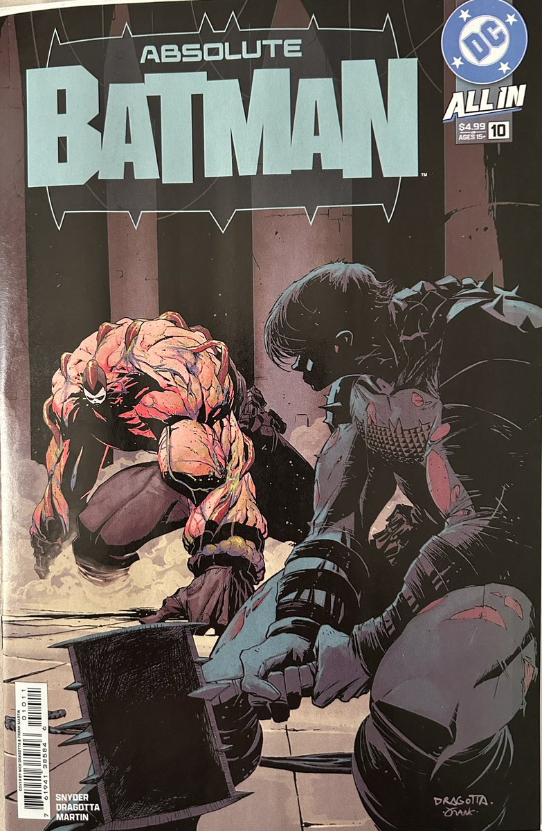 comicsmiz's tweet image. #AbsoluteBatman #10 by @Ssnyder1835 and Nick Dragotta. Batman was captured by Ark-M and they experiment on him. They force Batman to fight Bane and K.L.A.Y. to test him. Killer Croc is introduced in this issue in ‘Absolute Batman Over The Top’ style. Recommend.