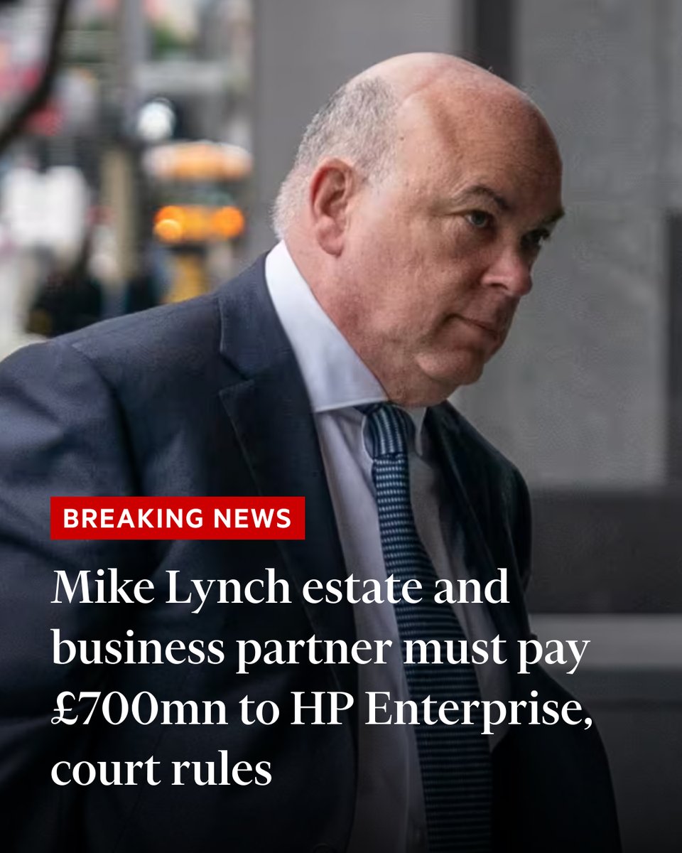 FT's tweet image. Breaking: Hewlett Packard Enterprise is owed more than £700mn over the US tech group’s ill-fated acquisition of Autonomy, the High Court in London has found, less than a year after the UK software company’s founder Mike Lynch died in a yacht accident. on.ft.com/3IDT8Yd