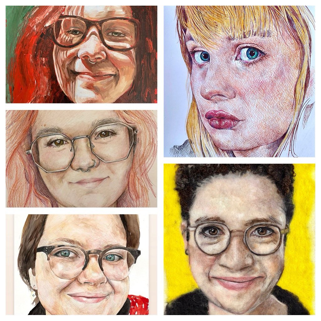 SarahVaci's tweet image. Considering what medium to use for my next portraits (ballpoint pen is taking forever but I’m nearly there @kimber_tweets !) so not viable long term although I do love it.
Paint
Colour pencil
Watercolour/pencil
Ballpoint pen
Felted (also took ages!)