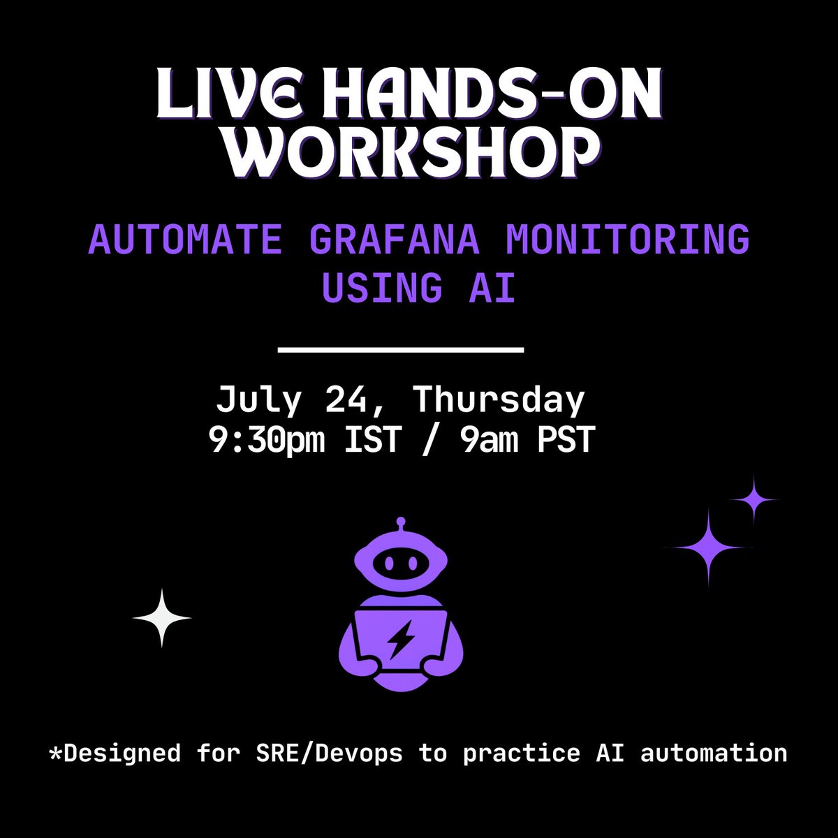 We're hosting a workshop this Thursday on 

How you can "realistically" automate Grafana monitoring using AI!

We'll be covering Grafana MCP, AI Automation Frameworks for Grafana and more -- We've kept limited seats for better interactions!
RSVP: meetup.com/platform-engin… #devops
