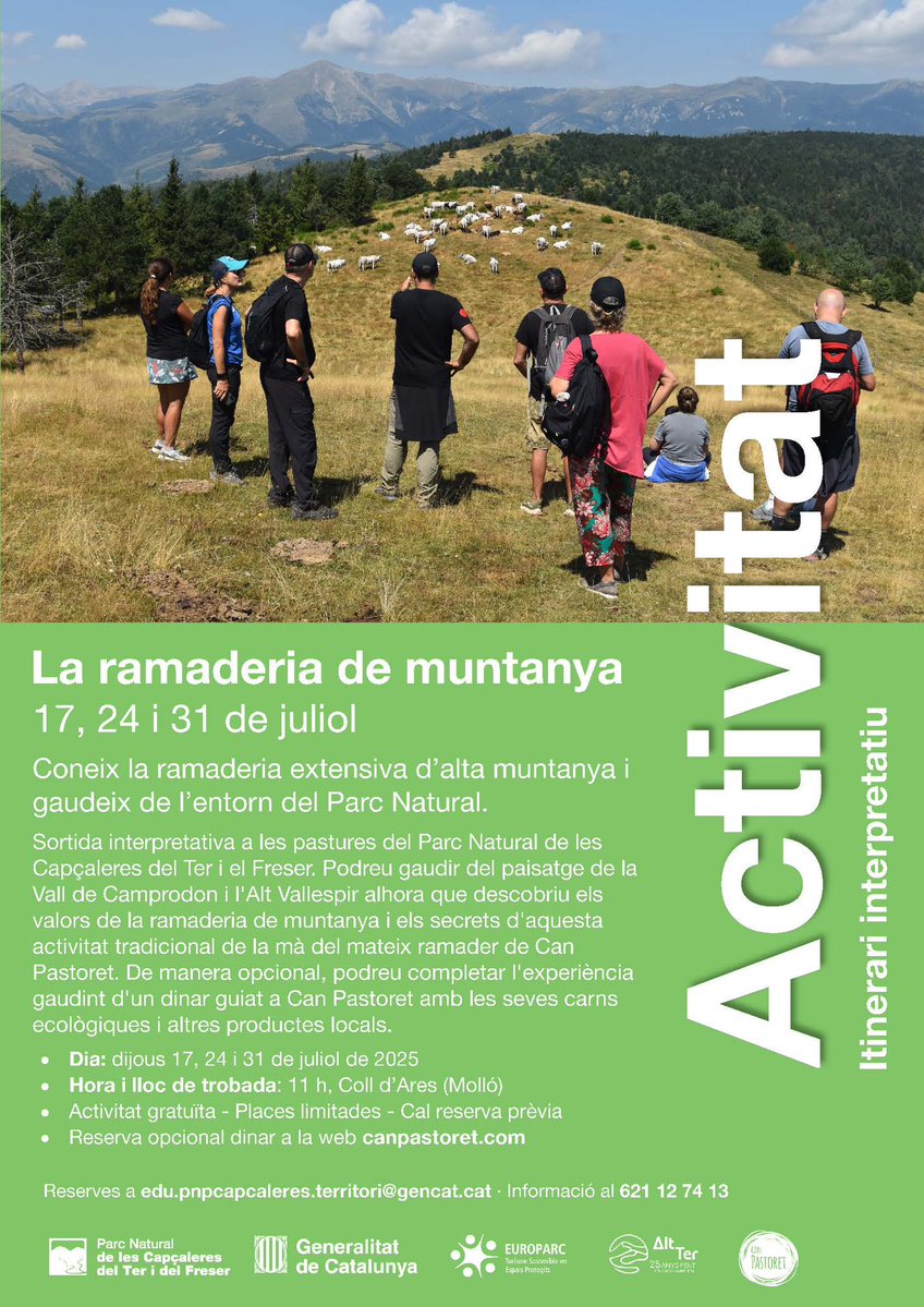 AjuntamentMollo's tweet image. Coneix la ramaderia extensiva d’alta muntanya i gaudeix de l’entorn del Parc Natural de les Capçaleres del Ter i Freser!
• Dia: Dijous 24 de juliol de 2025
• Hora: 11:00 h
• Lloc: Coll d’Ares (Molló)
Reserves a: edu.pncapcaleres.territori@gencat.cat