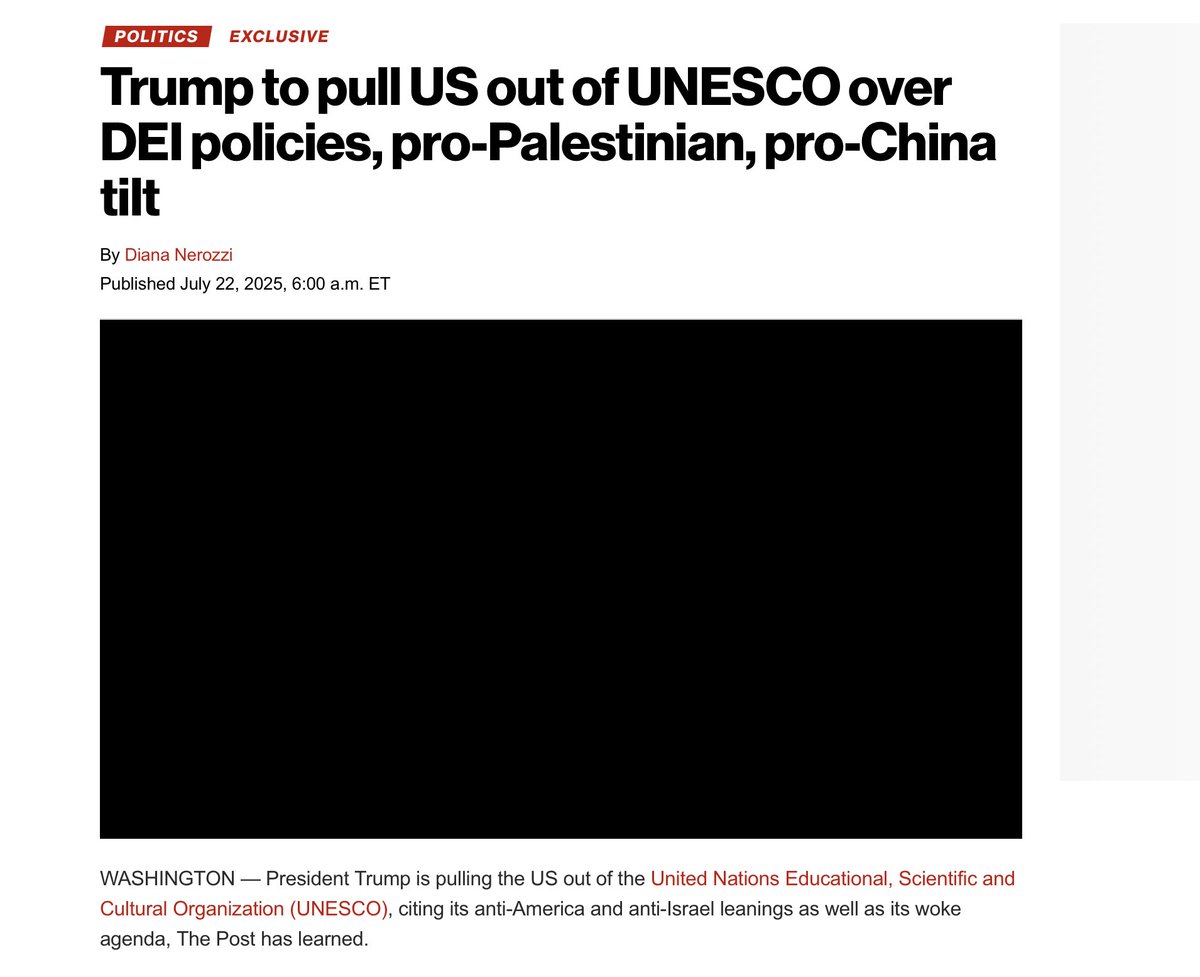nexta_tv's tweet image. President Donald Trump has decided to pull the United States out of UNESCO, citing what he calls the organization’s “anti-American direction” and its “pro-Palestinian and pro-Chinese bias,” according to the New York Post.