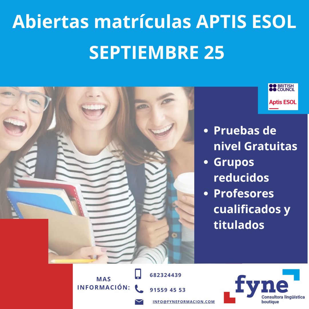 Curso de Preparación #AptisESOL
Certifica tu nivel de Inglés con #Aptis
En FYNE tendrás:
✔️Clases dinámicas y enfocadas al formato del examen.
✔️Material de estudio
✔️Grupos reducidos
.¡matrículas abiertas! 🚀
T. +34 91559 45 53
WhatsApp. 682324439
info@fyneformacion.com