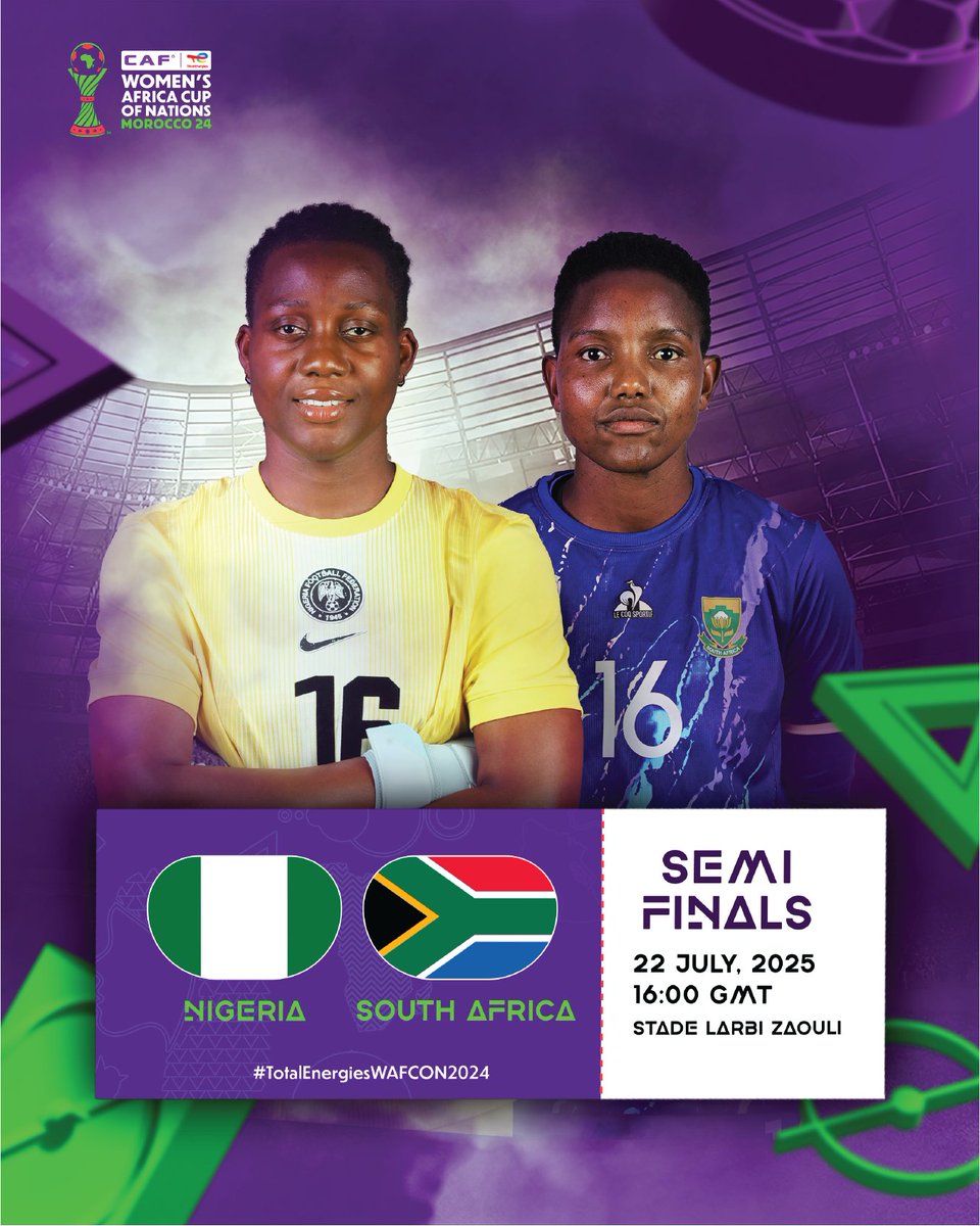 DanielOkwee's tweet image. The TotalEnergies CAF WAFCON, Morocco 2024 has reached the semi-final stage, with two matches to be played on Tuesday 22 July.
SEMI-FINALS
16:00 GMT: Nigeria vs South Africa – Larbi Zaouli Stadium, Casablanca
19:00 GMT: Morocco vs Ghana – Olympic Stadium, Rabat
#AfroSports
