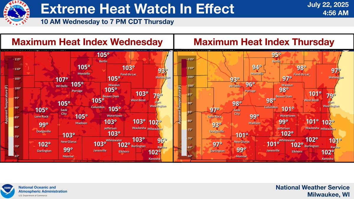 NWSMilwaukee's tweet image. A hot and humid airmass will move in Wednesday and linger into Thursday. Limit your time outside and check on others. #wiwx