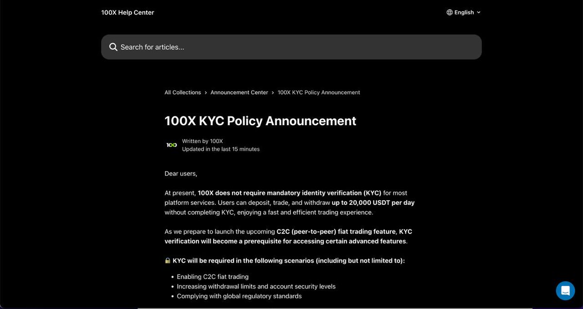 🔐 KYC Update at 100X
No mandatory KYC for now — trade, deposit, and withdraw up to 20,000 USDT daily with no hassle.

📢 KYC (passport only) will be required for future C2C trading &amp; higher withdrawal limits.
Stay ready. Stay ahead.

👉 Details: [support.100xex.com/en/articles/11…]
