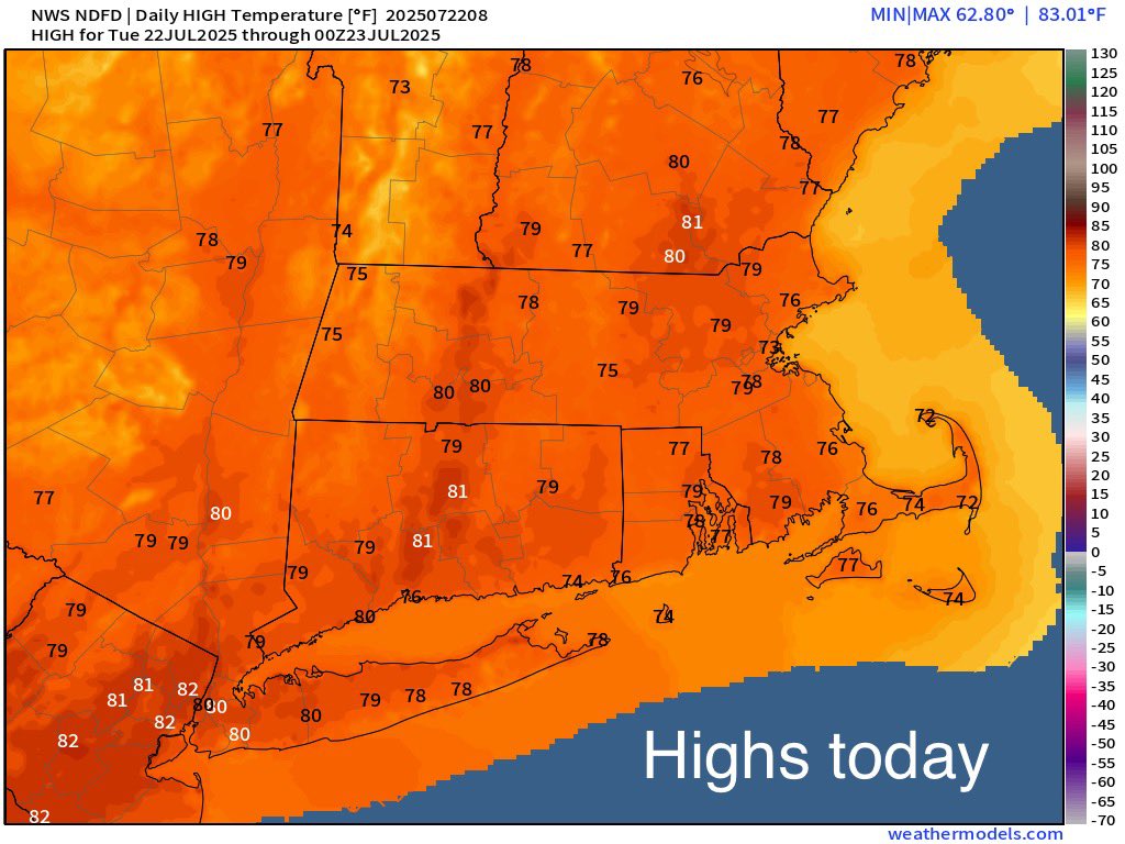 Eweather13's tweet image. 🏆 Today:: 🌤️☀️🌤️ Sunny to mostly sunny. Very comfortable with low humidity. Highs in the mid 70s to around 80°. A top 10 day and the pick of the week!
Tonight: Clear skies and still comfortable. Lows range from the low 50s north to low 60s south along the shoreline.