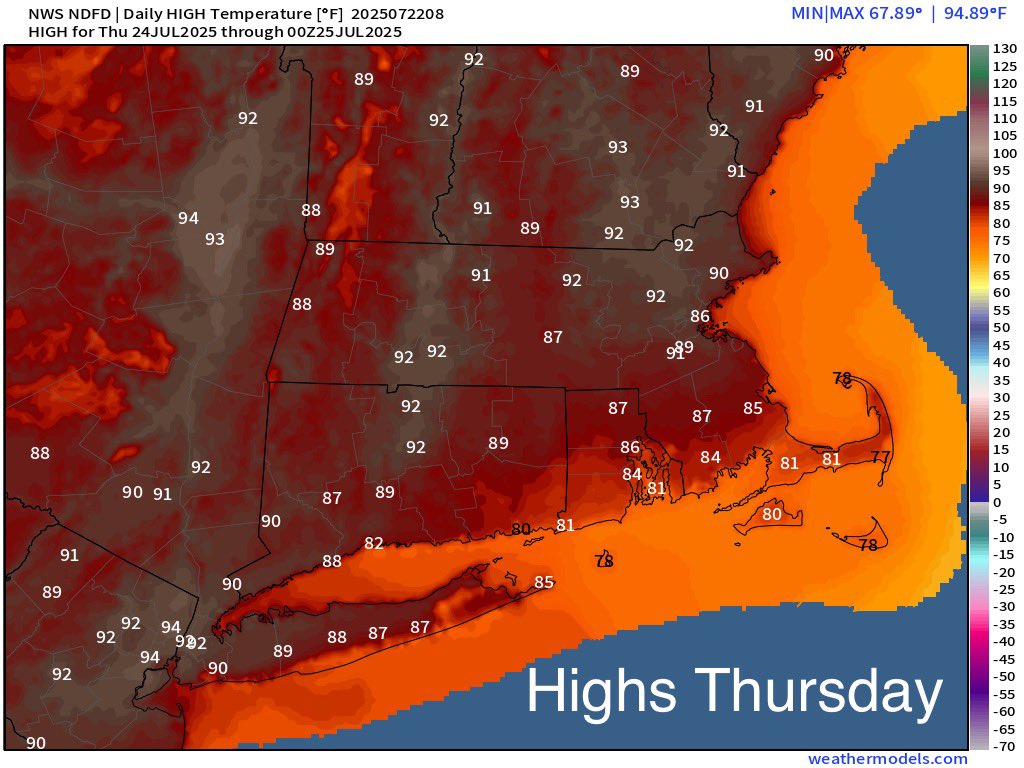 Eweather13's tweet image. Wednesday: 🌤️ Mostly sunny and continued comfortable but turning warmer (seasonable). Highs in the low to mid 80s inland, upper 70s to around 80° across SE coastal areas.
Thursday: 🌤️☀️🌬️ Mostly sunny. Increasing humidity. Breezy SW winds. Highs in the upper 80s to low 90s…