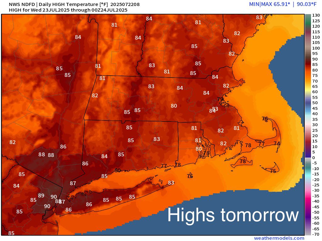 Eweather13's tweet image. Wednesday: 🌤️ Mostly sunny and continued comfortable but turning warmer (seasonable). Highs in the low to mid 80s inland, upper 70s to around 80° across SE coastal areas.
Thursday: 🌤️☀️🌬️ Mostly sunny. Increasing humidity. Breezy SW winds. Highs in the upper 80s to low 90s…