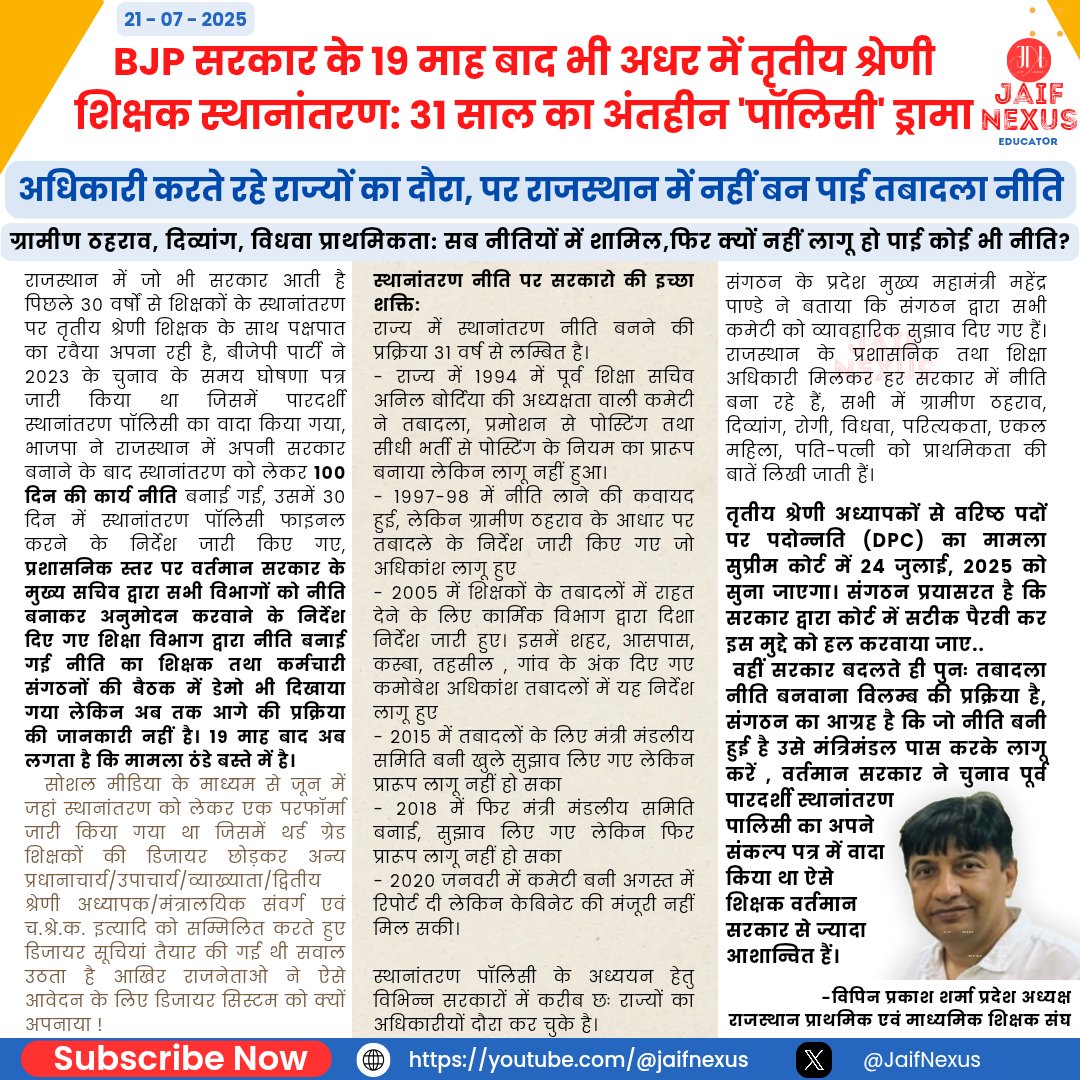 JaifNexus's tweet image. 31 साल का इंतज़ार और अंतहीन 'पॉलिसी' ड्रामा
बार-बार कमेटियां बनीं, सुझाव लिए गए,
अधिकारी करते रहे राज्यों का दौरा, पर नहीं बन पाई #तबादला_नीति
चुनाव पूर्व वादे और 19 महीने का लंबा इंतज़ार: क्या सिर्फ वोट बटोरने का जरिया था 'पारदर्शी नीति' का वादा? #स्थानांतरण #Transferpolicy