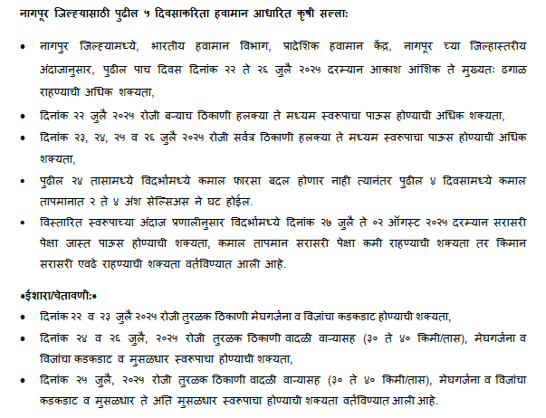नागपूर जिल्ह्यासाठी पुढील ५ दिवसाकरिता हवामान अंदाज