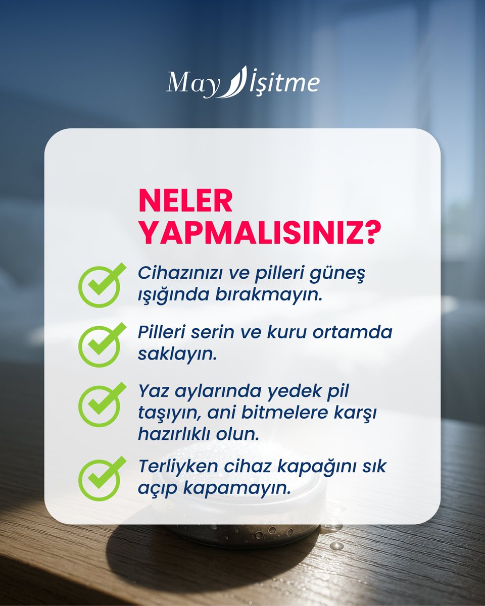🌞 Yaz sıcakları sadece bizi değil, işitme cihazı pillerini de etkiliyor!
Yanlış kullanım, pil ömrünü kısaltabilir, cihaz performansını düşürebilir.
Ama merak etmeyin, çözüm basit!
📍 Cihazınıza iyi bakarsanız, o da sizin daha iyi duymanızı sağlar.