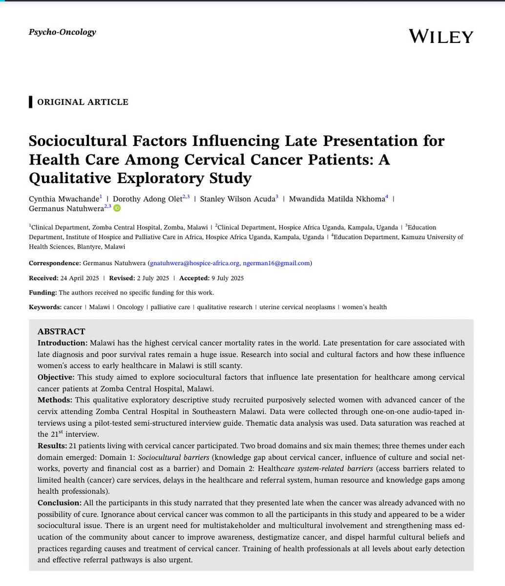 PsyOnc's tweet image. 📢 New study from Malawi 🇲🇼 @PsyOnc
Why are women with cervical cancer presenting too late for treatment?
🔍 Findings from Zomba Central Hospital reveal deep-rooted sociocultural & health system barriers—from stigma and poverty to referral delays.
onlinelibrary.wiley.com/doi/10.1002/po…