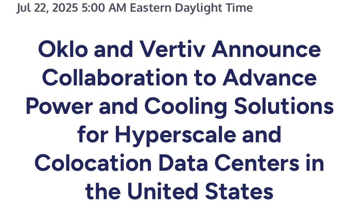 HWLinvest's tweet image. Oklo och Vertiv inleder strategiskt samarbete för att integrera små modulära kärnreaktorer (SMR) som kraft- och kylkälla till hyperscale- och colocation-datacenter i USA.
Vertiv, en global ledare inom infrastruktur för datacenter, blir en nyckelpartner i att kommersialisera…