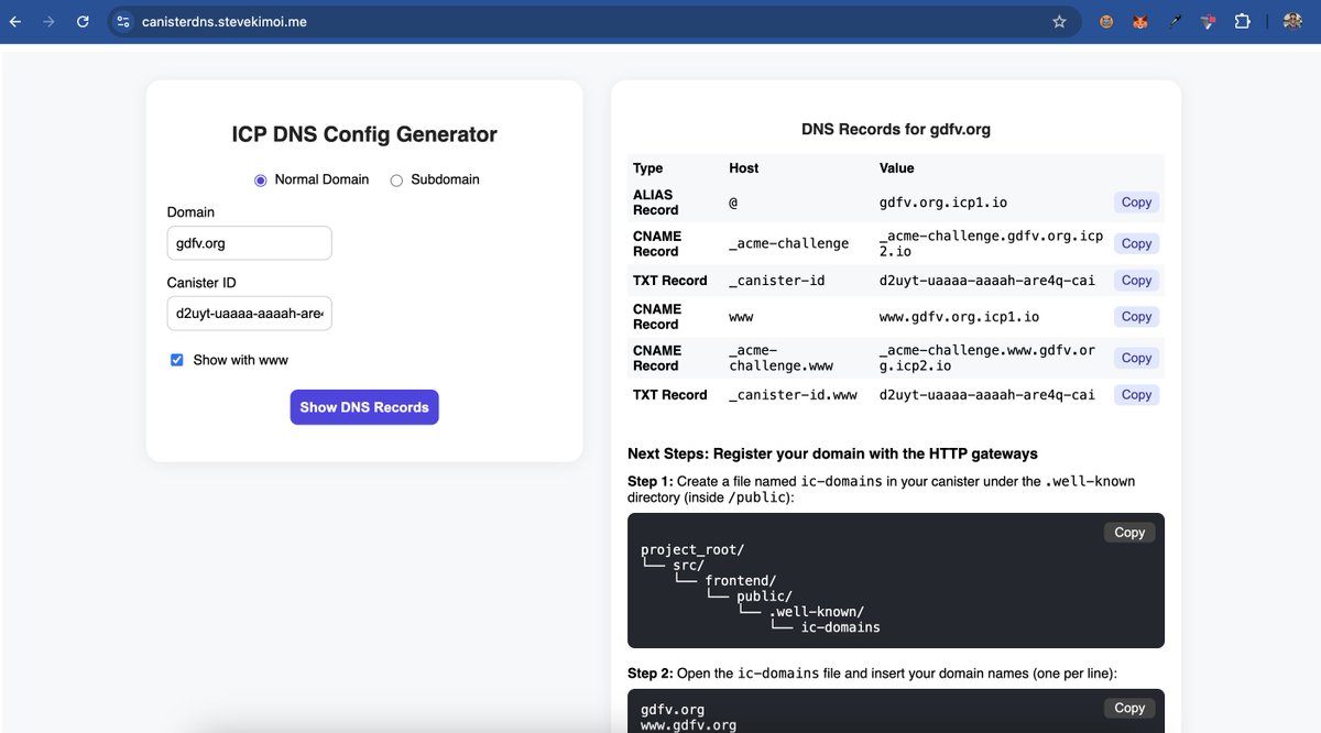 Want to connect your custom domain to an ICP canister in under 5 minutes?

Just use 👉 canisterdns.stevekimoi.me

✅ Enter your domain &amp; canister ID
✅ Instantly get full DNS instructions
✅ No guesswork &amp; juggling through docs