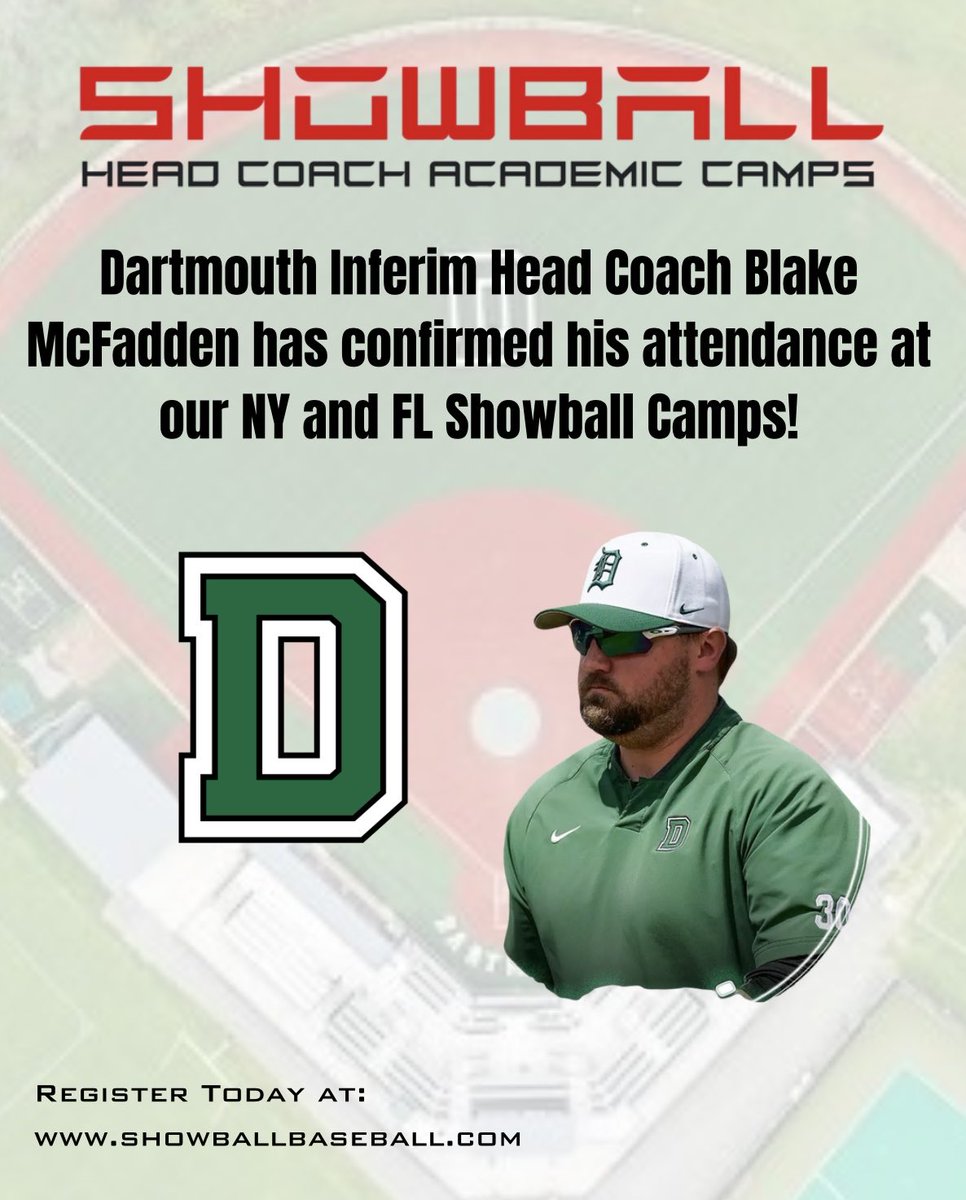 ShowBallCamps's tweet image. Dartmouth Interim Head Coach Blake McFadden will be attending our NY Aug 4-5 and Aug 6-7 camps! @IvyLeague @BigGreenBSB @d1baseball @ABCA1945 @ptwsports @axcessbaseball