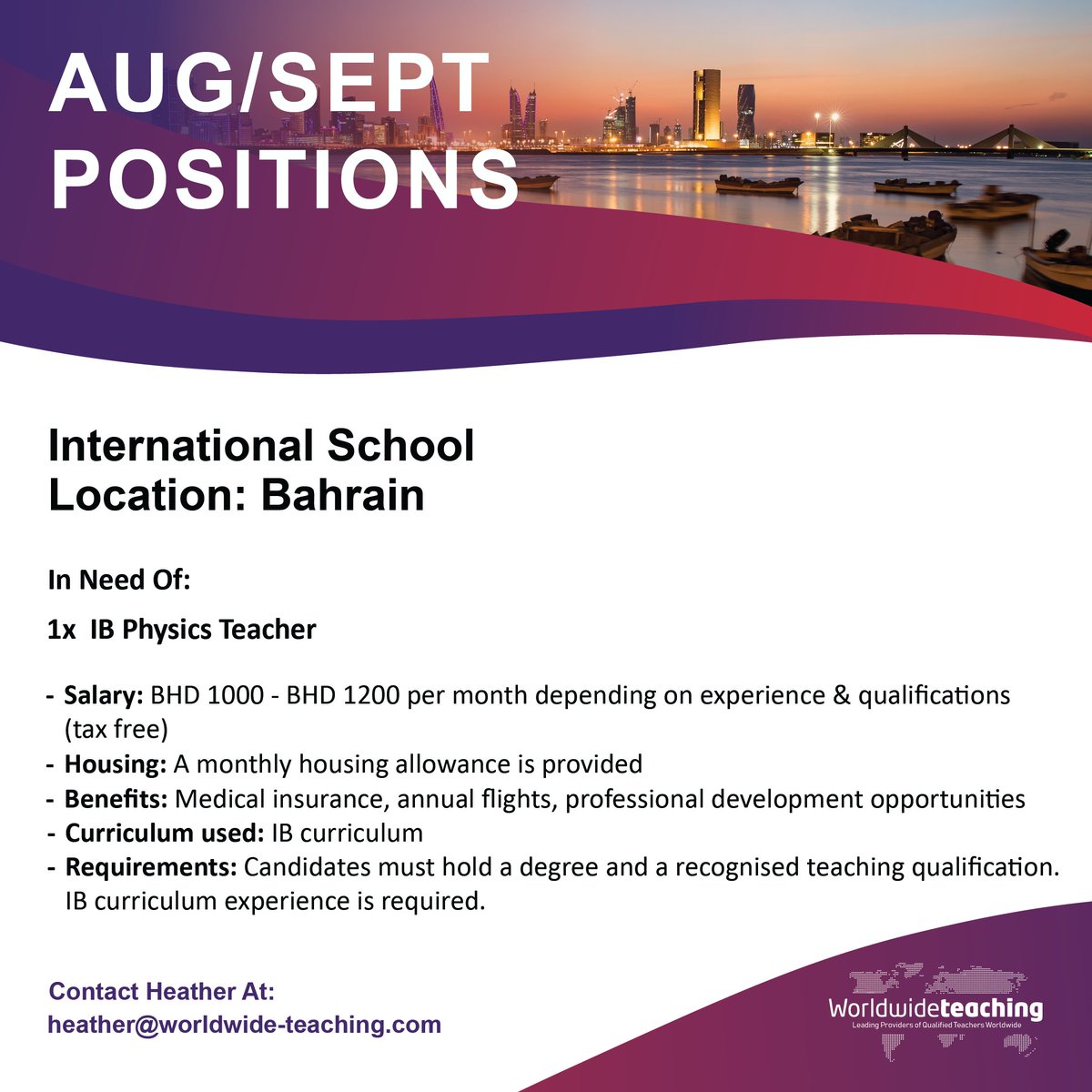 Worldwide_Teach's tweet image. 🌟 AUG/SEPT TEACHING POSITION! 🌟
Exciting opportunity at an International School in Bahrain!

#IBPhysics #TeachingJobs #BahrainTeaching #InternationalSchool #TeachAbroad