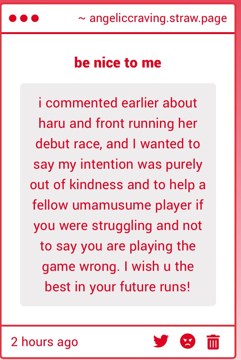 umagirlslover's tweet image. don’t worry friend, im not upset at anyone specific, it can just be tiring to have my notifs flooded with the same piece of advice that I didn’t wanna follow the first time but that’s no one’s fault. even one of my favorite VAs replied telling me to front run Urara 😭