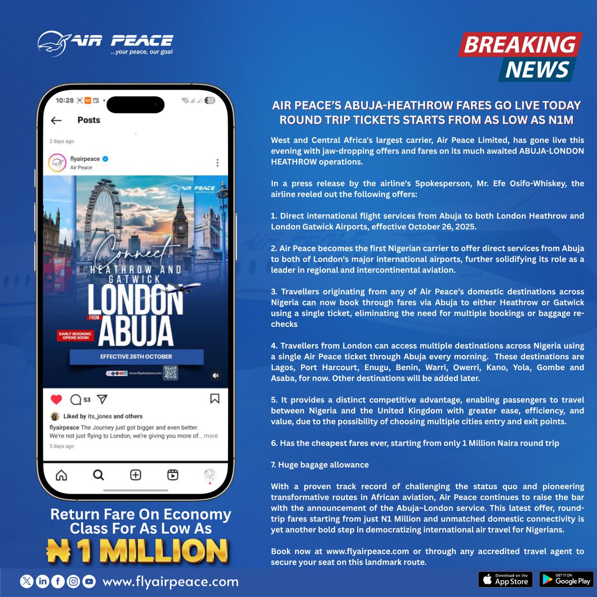 flyairpeace's tweet image. Fare announcement on our Abuja to London (Heathrow) service
instagram.com/stories/flyair…
#BreakingNews #AbujaToLondon
#BetterDealWithAirPeace