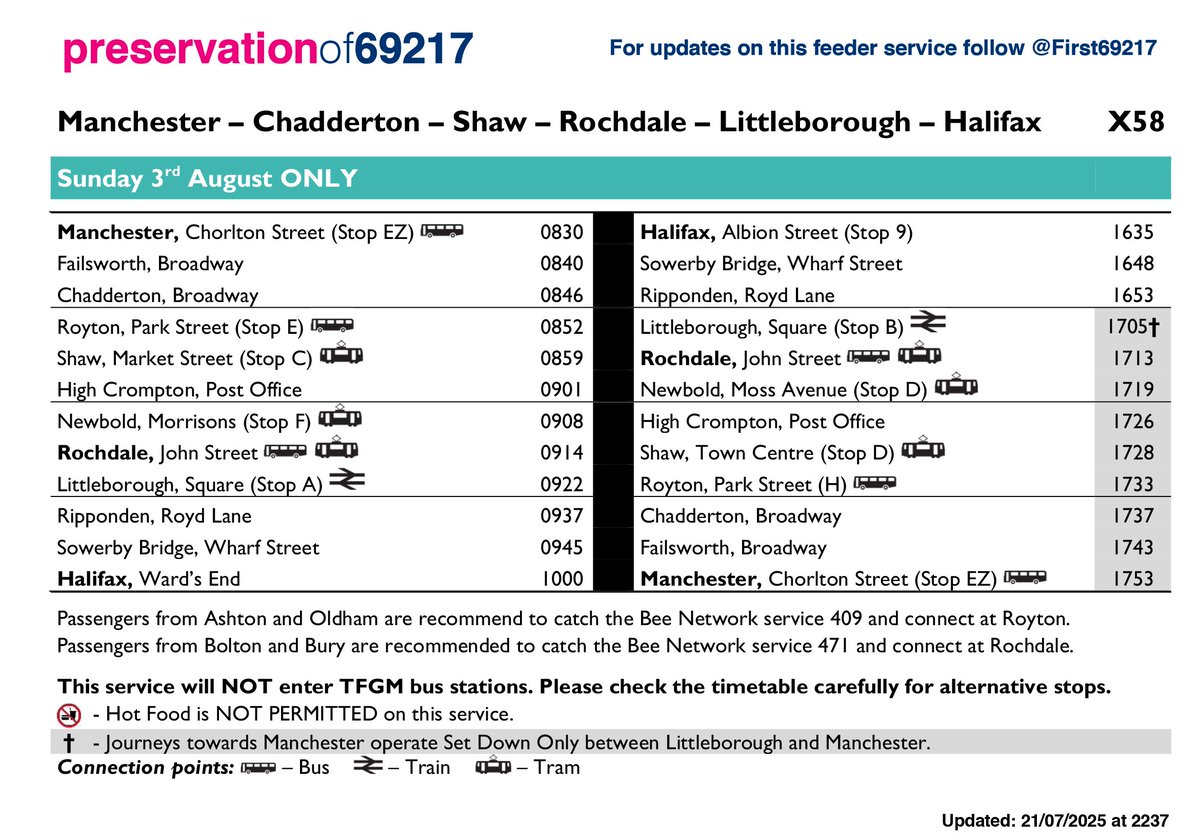 First69217's tweet image. 𝗲𝘃𝗲𝗻𝘁𝗡𝗘𝗪𝗦 | 𝗣𝗲𝗻𝗻𝗶𝗻𝗲𝘀 𝗕𝘂𝘀 𝗗𝗮𝘆 - 𝗙𝗲𝗲𝗱𝗲𝗿 𝗦𝗲𝗿𝘃𝗶𝗰𝗲𝘀

𝙐𝙋𝘿𝘼𝙏𝙀𝘿 21/07/2025, 2237 - Service re-routed between Shaw and Rochdale.

For other feeder services, please refer to the post on Pennines Bus Day’s Facebook page:
facebook.com/share/1B1epTju…