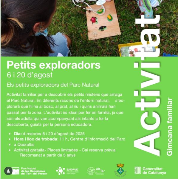 Vall de Ribes (@vallderibes) on Twitter photo ✨Els Petits exploradors a Queralbs✨
📆6 i 20 d’agost
⌚11 h
📍Centre d’Informació del Parc a Queralbs
🏰Queralbs
👉Activitat gratuïta- Places limitades - Cal reserva prèvia
👉 Recomanat a partir de 5 anys
✍ edu.pncapcaleres.territori@gencat.cat · 621 12 74 13 ✨Els Petits exploradors a Queralbs✨
📆6 i 20 d’agost
⌚11 h
📍Centre d’Informació del Parc a Queralbs
🏰Queralbs
👉Activitat gratuïta- Places limitades - Cal reserva prèvia
👉 Recomanat a partir de 5 anys
✍ edu.pncapcaleres.territori@gencat.cat · 621 12 74 13