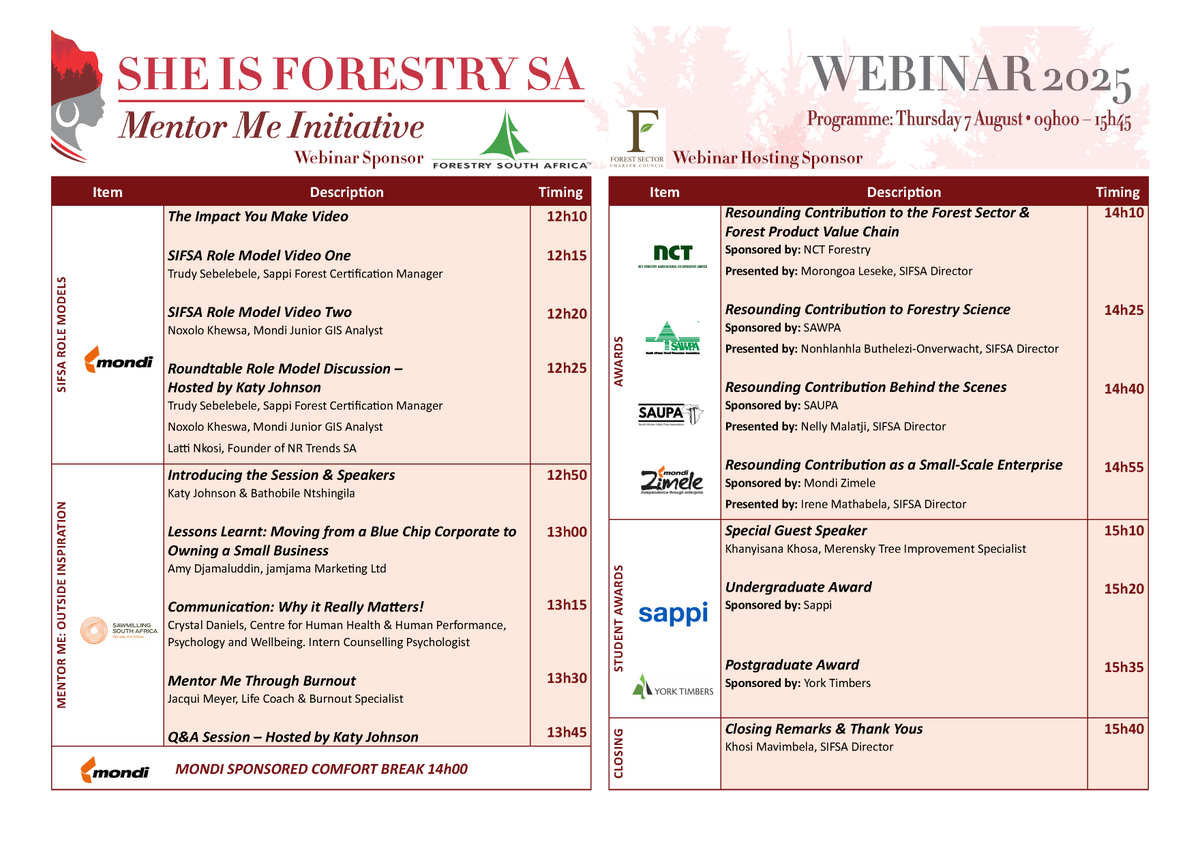 ForestCharterZA's tweet photo. She Is Forestry SA Webinar

When: Aug 7, 2025, 09:00 AM Johannesburg
Topic: She is Forestry SA

Register in advance for this webinar:
https://t.co/Ch0yLtrLls

SIFSA Webinar 2025 Programme https://t.co/25aJhKkiYg