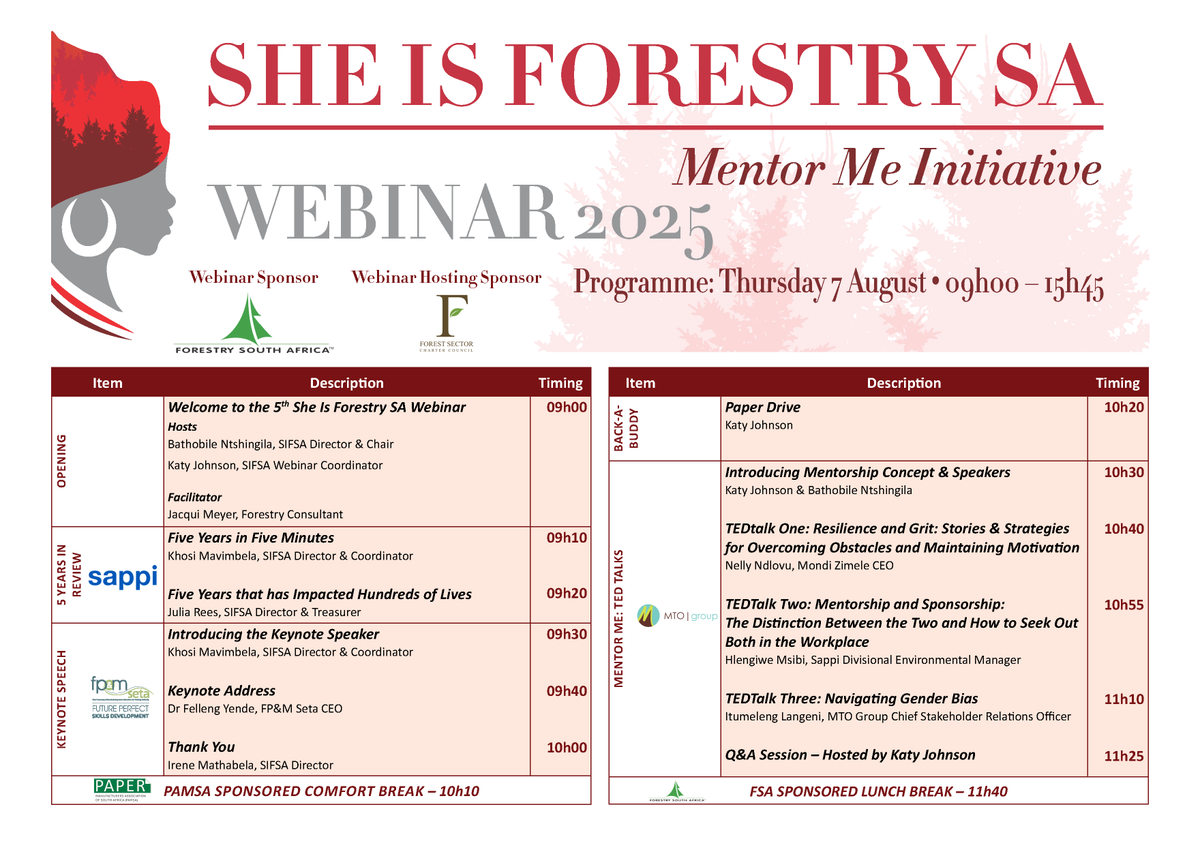 ForestCharterZA's tweet photo. She Is Forestry SA Webinar

When: Aug 7, 2025, 09:00 AM Johannesburg
Topic: She is Forestry SA

Register in advance for this webinar:
https://t.co/Ch0yLtrLls

SIFSA Webinar 2025 Programme https://t.co/25aJhKkiYg