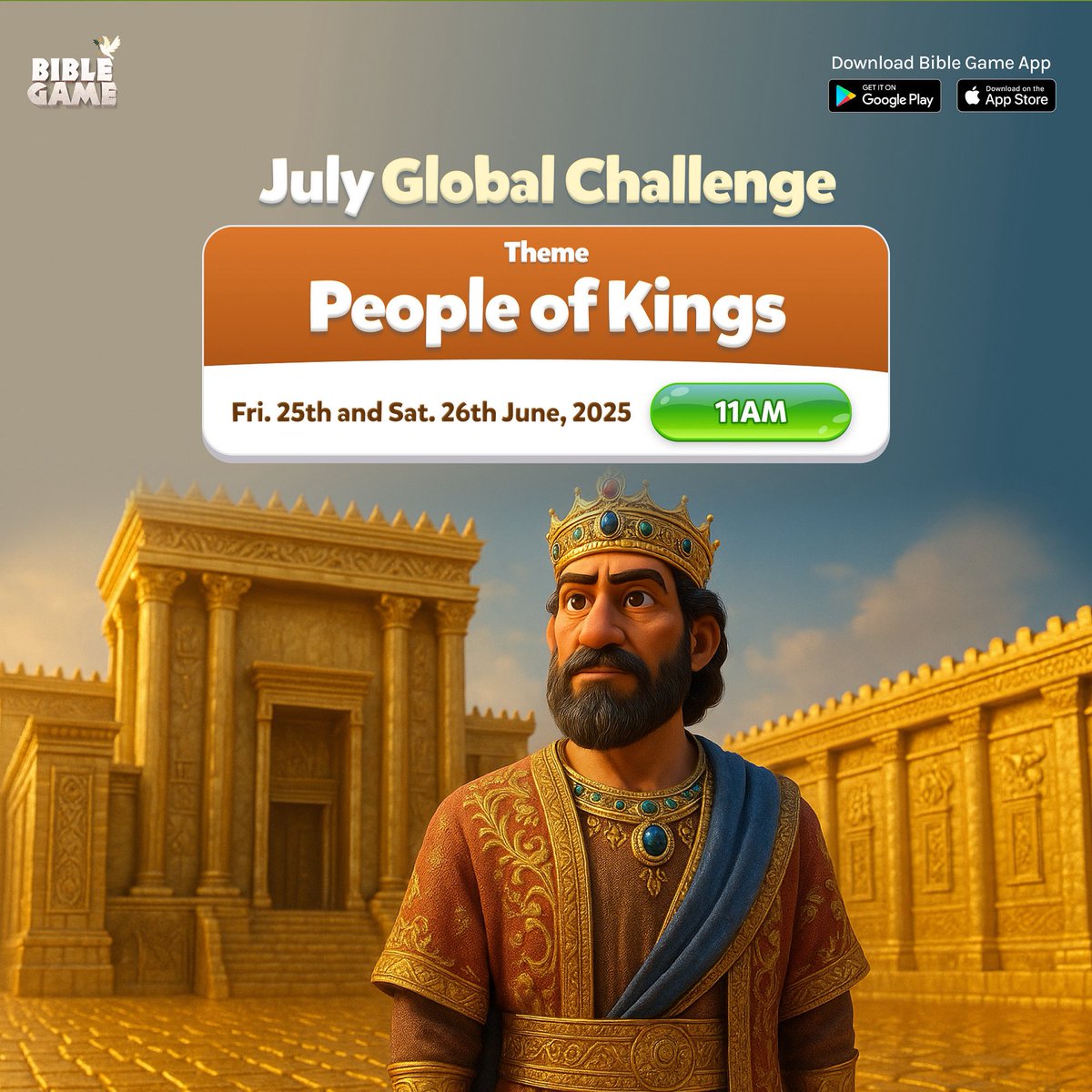 OurBibleGame's tweet image. July Global Challenge is Here!
Theme: People of Kings
Date: Friday 25th & Saturday 26th June, 2025
Time: 11AM
Join Bible Game’s global challenge this July and find out if you truly know the People of Kings.
🔥 Don’t miss it!
#BibleGame